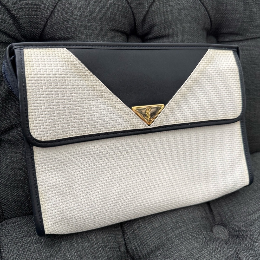 YSL Navy Blue and White Leather Clutch